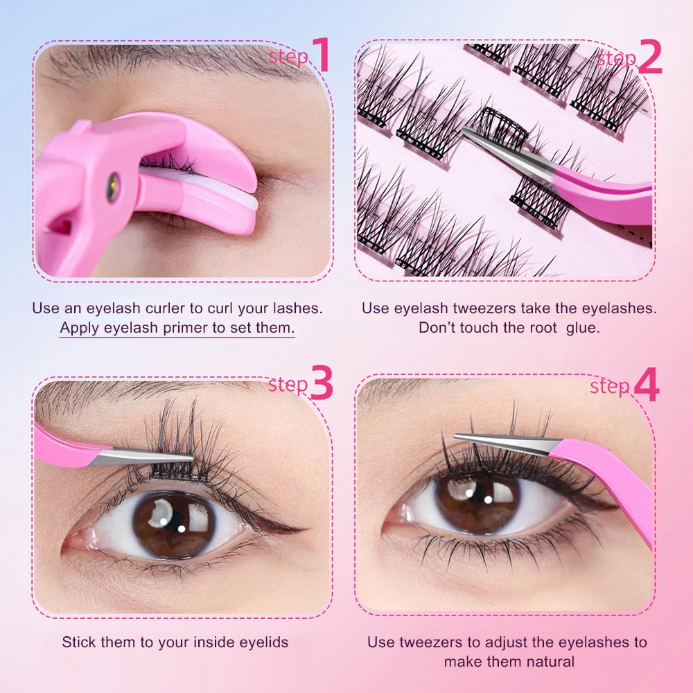 36 Clusters of First Love Glue-free False Eyelashes With Built-in Tweezer 11-13mm Natural Curling Eyelashes For Beginners