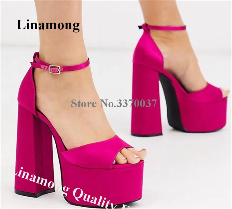 Rose Pink Satin Chunky Heel Sandals Linamong Peep Toe High Platform Block Thick Heel Dress Shoes Ankle Straps Party Heels