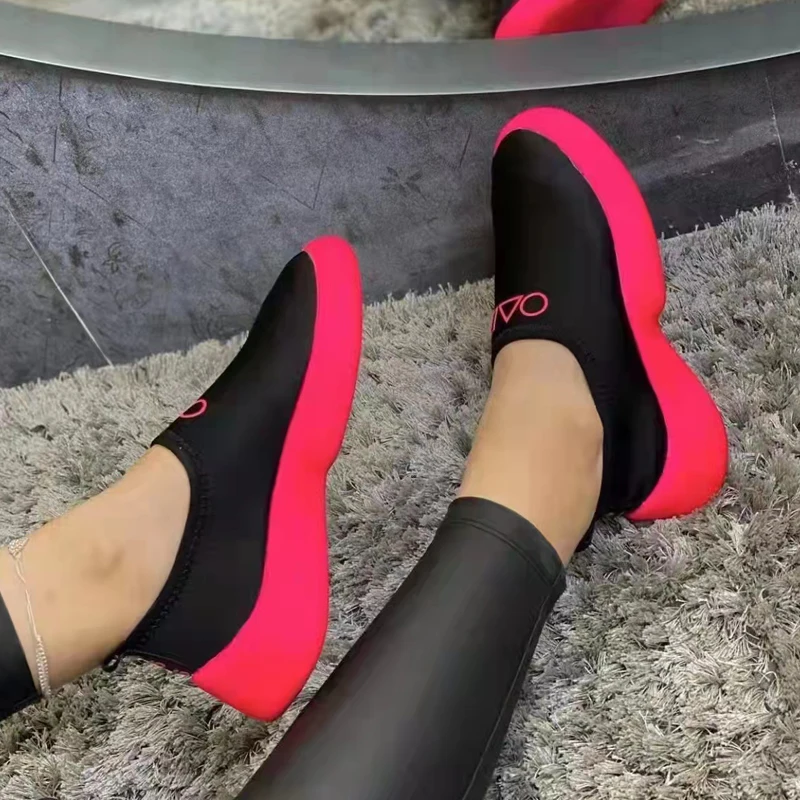 Neon Color Slip-On Shoes Women Summer Stretch Fabric Sneaker Sporty Flat Loafers Light Weight Comfortable Walking Tennis Female