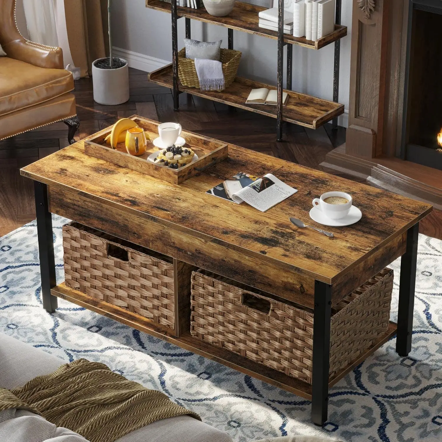 Coffee Table Lift Top with Hidden Storage Compartment and 2 Rattan Baskets Retro Central Wooden Tabletop and Metal Frame for Liv