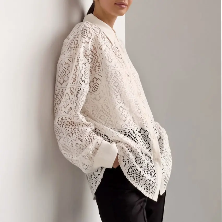 Damska koszula z klapami z guzikami Elegancka koronkowa bluzka z długim rękawem Moda Seksowna bluzka oversize 2025