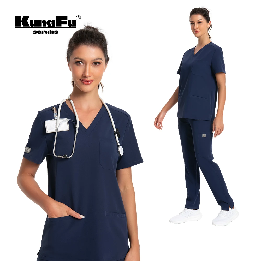 

KUNGFU SCRUBS спецодежда для кормящих женщин, женская униформа, высококачественное хирургическое платье из дышащей ткани TRS, комплект брюк с v-образным вырезом и короткими рукавами