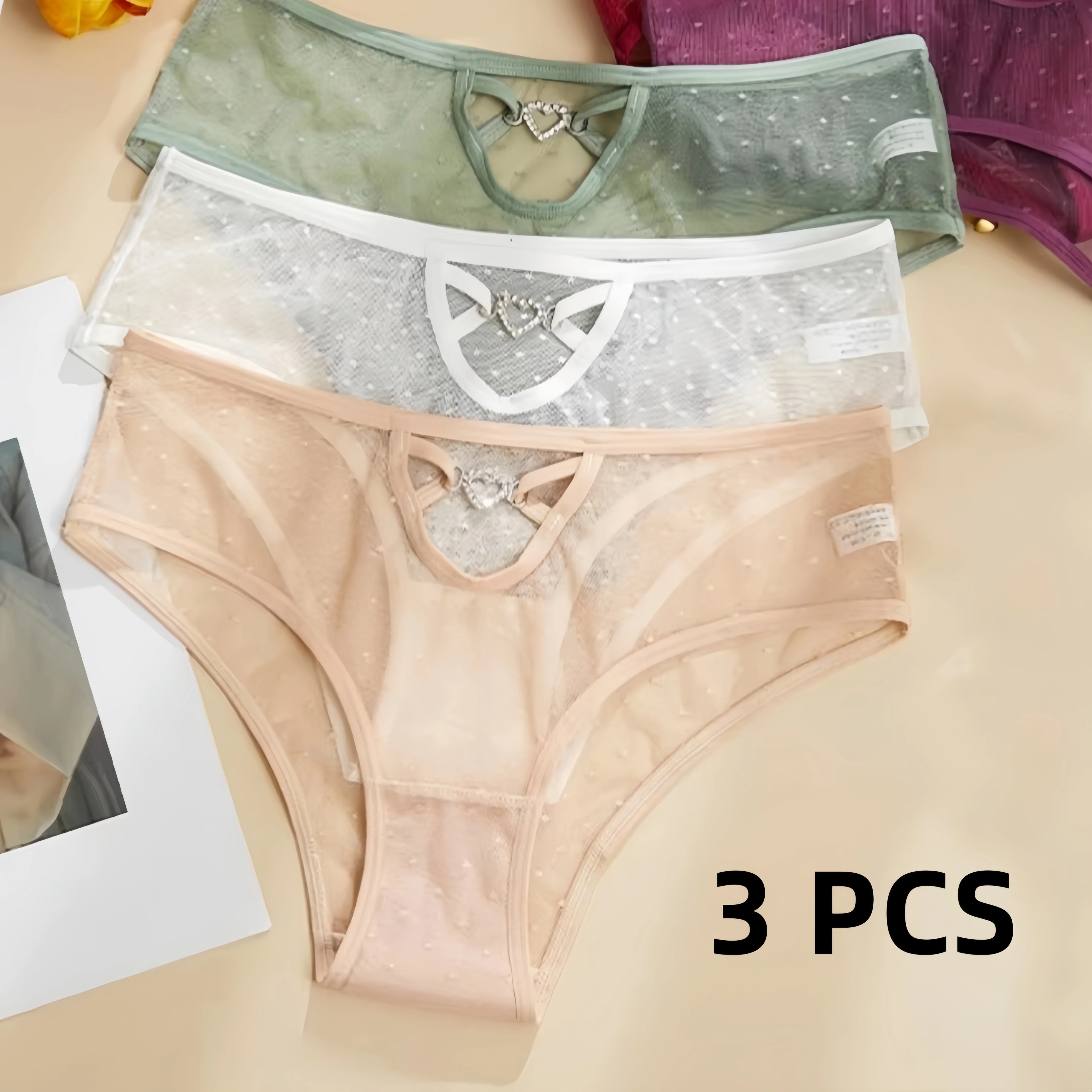 3PCS Panties Sexy Hollow-out Semi-transparent Lace Briefs for Women Poll Dot Decoration Quick-drying Invisible Cotton Crotch