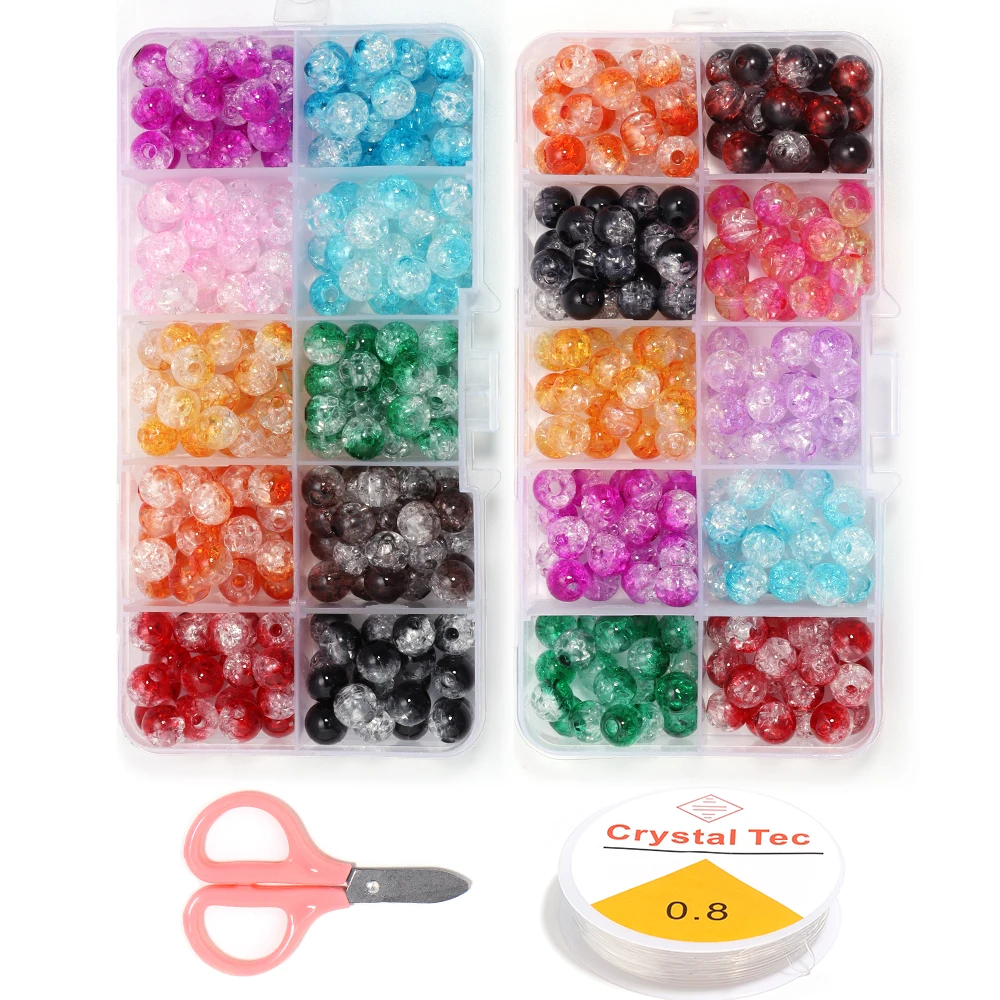 200pcs Color Acrylic Crackle Crystal Beads Set for  DIY Bracelet Necklace Jewelry Making Supplies Round Glass Beads 10 Grids Kit