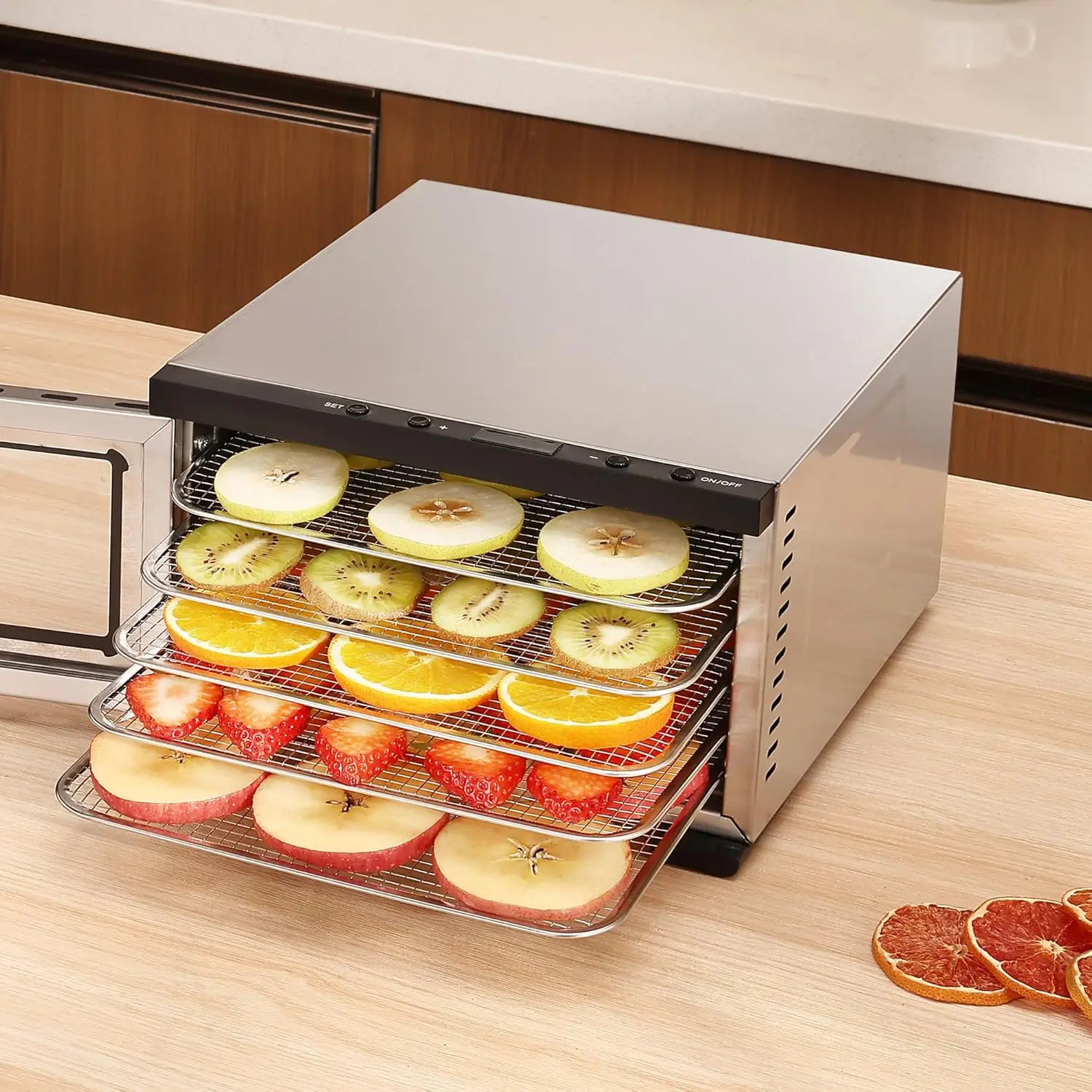 

5-Tray Food Dehydrator with Digital Timer, 400W, Adjustable Temperature for Jerky, Herbs, Meat, Fruit & Dog Treats in Silver