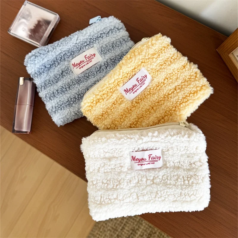 Plush lipstick makeup bag, dopamine Bluetooth earphone storage bag, cute coin purse, striped inner bag
