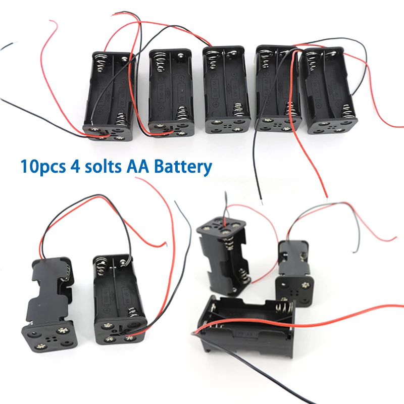 黒いプラスチック製バッテリーホルダー,2層収納ボックス,2ピンケーブルコネクタ付き,4ソルts,6v,1.5v,10個