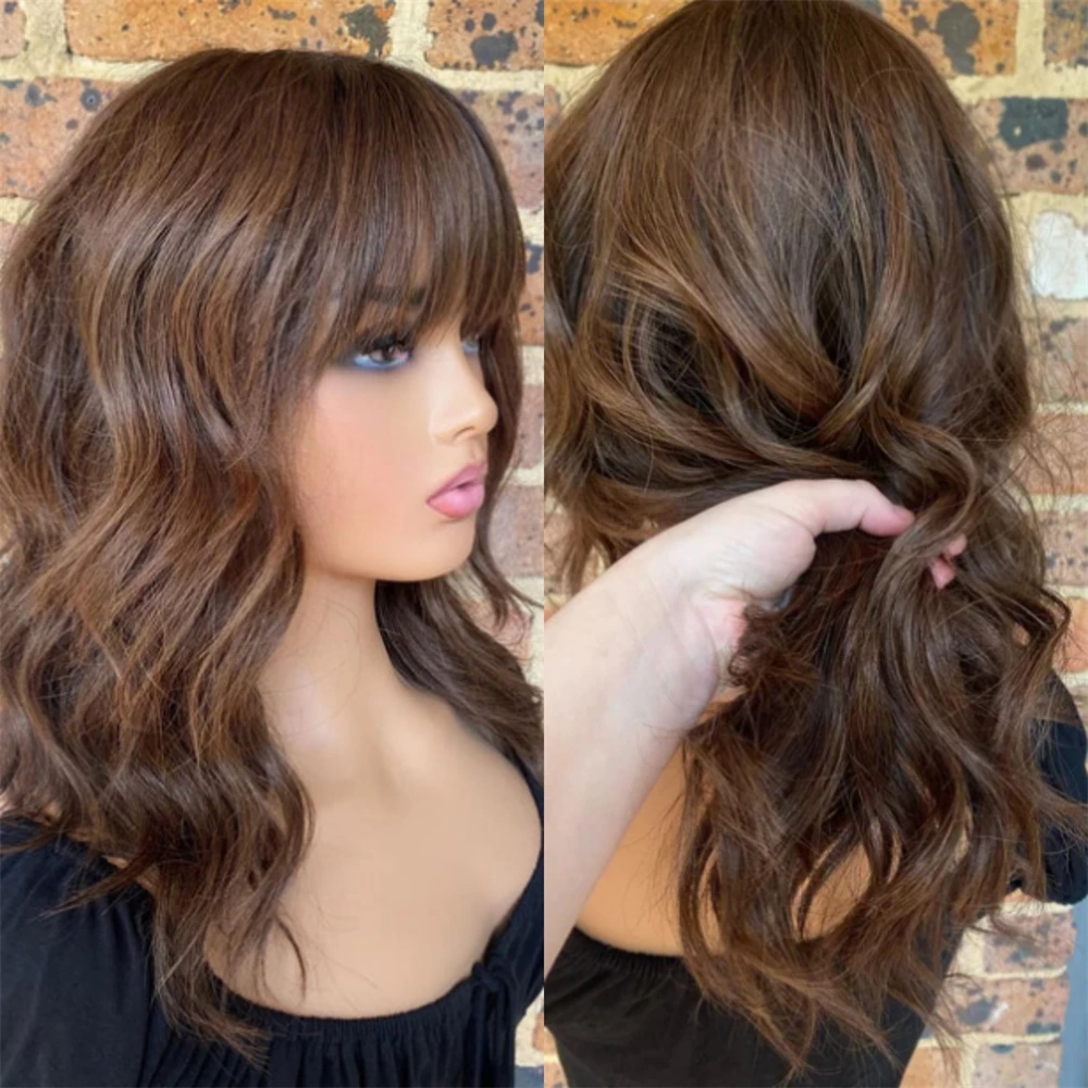 Woman Wigs Ombre Dark Chocolate Brown with Natural Highlights Synthetic HD Lace Front Wig Short Wave Bob with Bangs 14 Inches