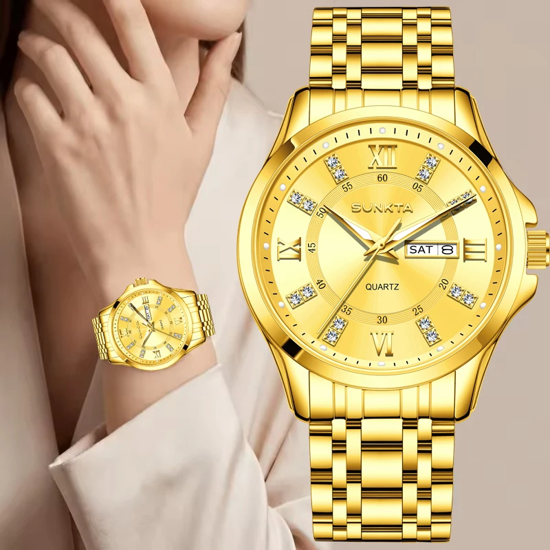 

SUNKTA New Gold Quartz Watch Ladies Watches Top Brand Luxury Diamond Watch Women Waterproof Luminous Date Bracelet Wristwatch