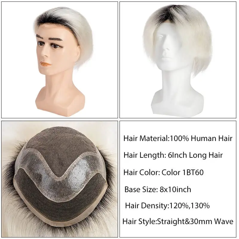 Ombre Silvery Male Hair Prosthesis Natural Hairline Mono Lace Pu Base Toupee For Men's Wig Breathable Men's Capillary Prothesis