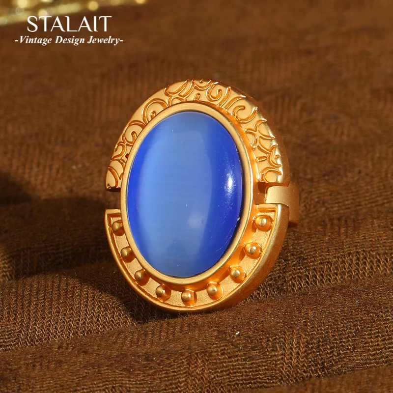 

Vintage Blue Cat'S Eye Opal Ring Real Oval Gold Color Carving Patterns Luxury Quality Jewelry Party Accessories For Women 2025