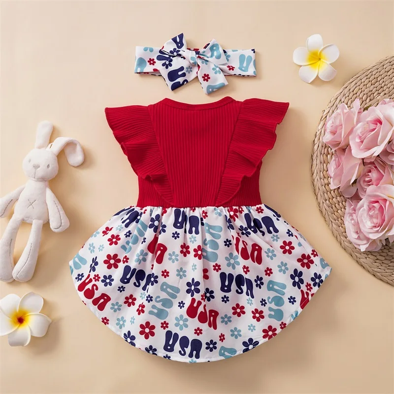 Fourth of July Baby Girls Outfit American Flag Romper Dress with Headband Patriotic Clothes for Infant Newborn Summer