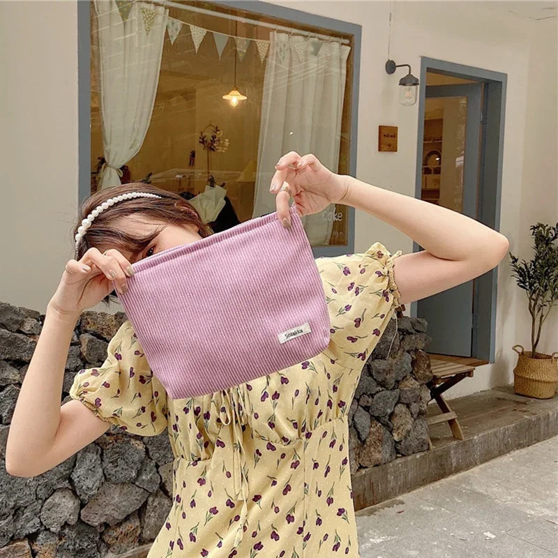 Corduroy Cloth Makeup Pouch Clutch Bag Women Handbag Travel Cosmetic Organizer Ladies Carry Bag Make Up Smartphone Storage Case