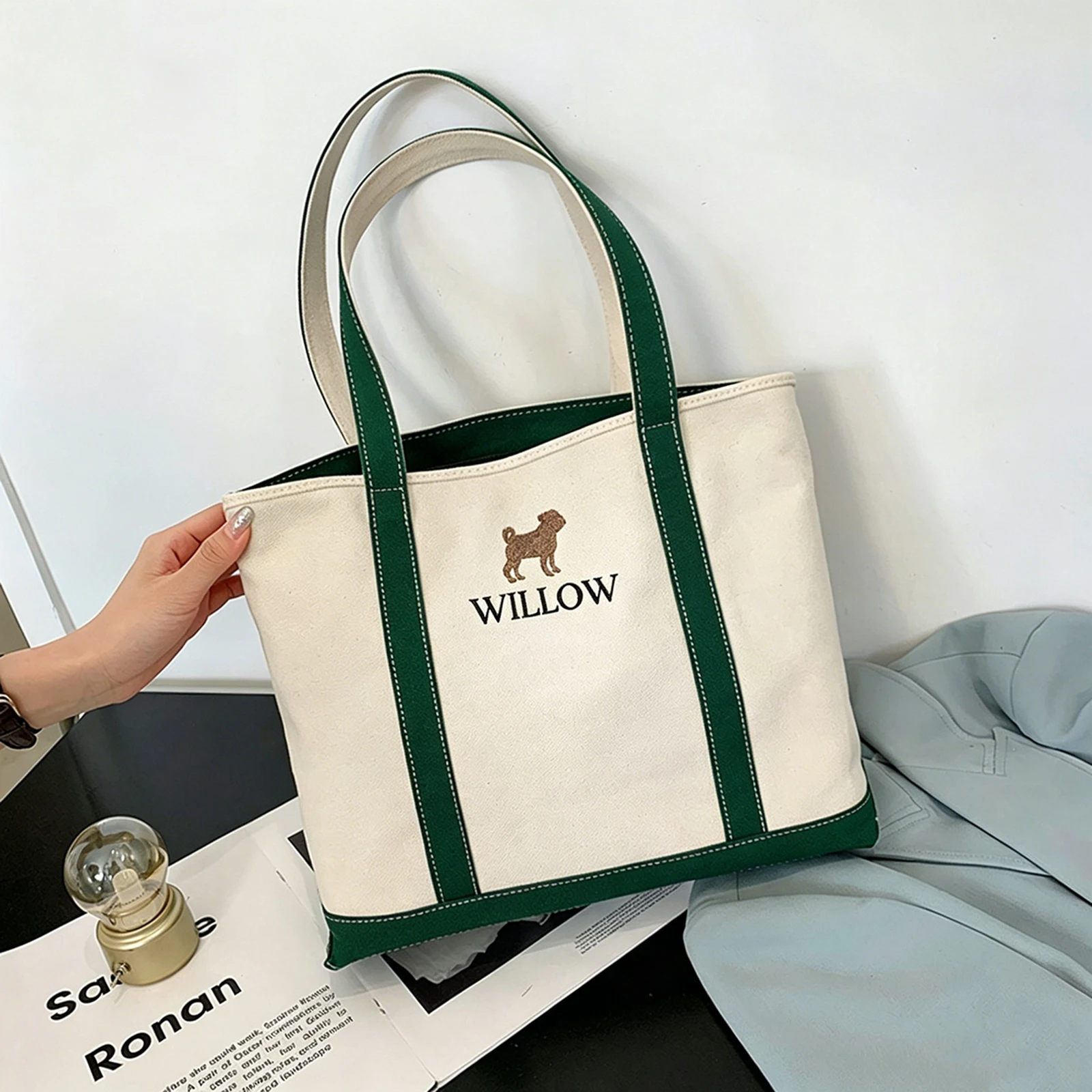 Custom Pet Portrait Tote Bag Dog Cat Mom Gift Large Capacity Canvas Tote Inner Zipper Front Pocket Shoulder Bag for Women