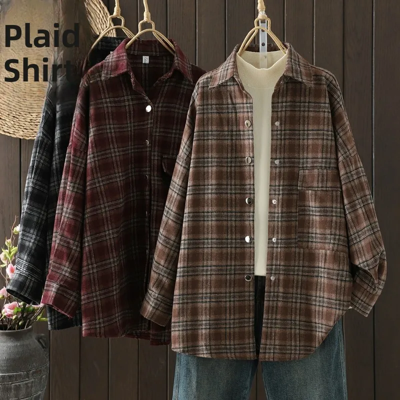 เสื้อคลุมคาร์ดิแกนลายสก็อตแบบหลวมสบาย ติดกระดุมเม็ดเดียว แขนยาว รุ่นใหม่สำหรับผู้หญิง ไซส์พลัส แฟชั่น ผ้าคอตตอนผสม สวมใส่สบาย