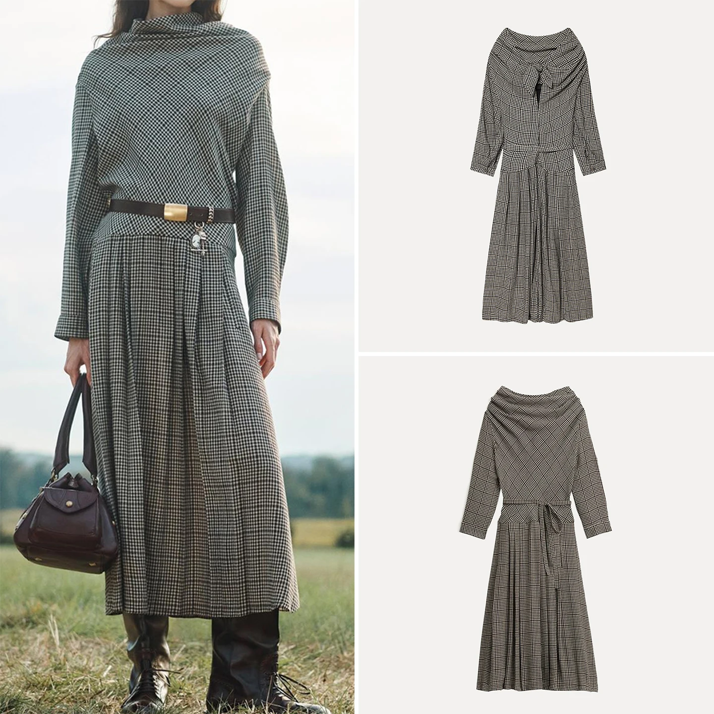 2025 Autumn New Sle Women's Faion Personali Wide Pleat Plaid Dr Z Long Sve Loose Fit Daily Wear