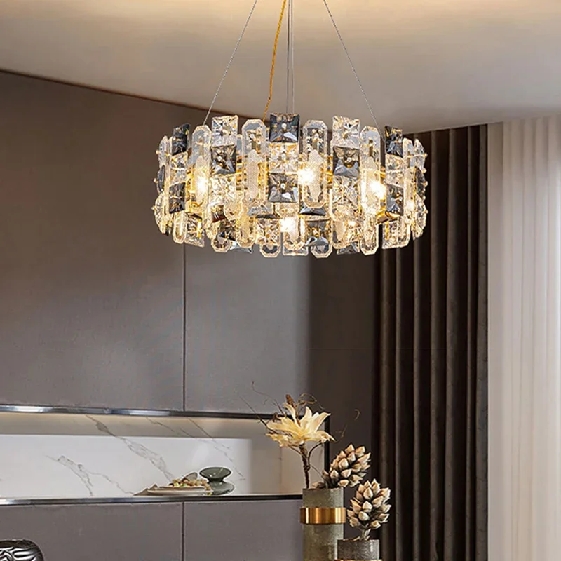 

Luxury Golden Smokey Gray Square Crystal Long Oval Chandelier LED Ceiling Light for Home Decor Dining Room