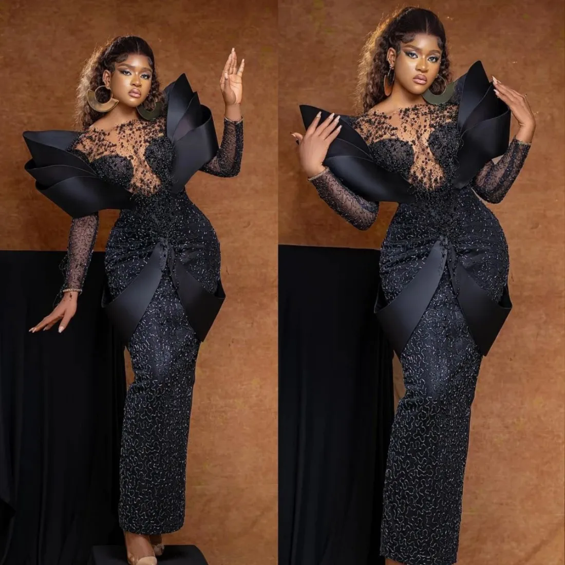 Elegant African Formal Prom Dress Handmade Beading Pearls Aso Ebi Style Evening Dresses with 3D Sleeves Black Women Party Gowns