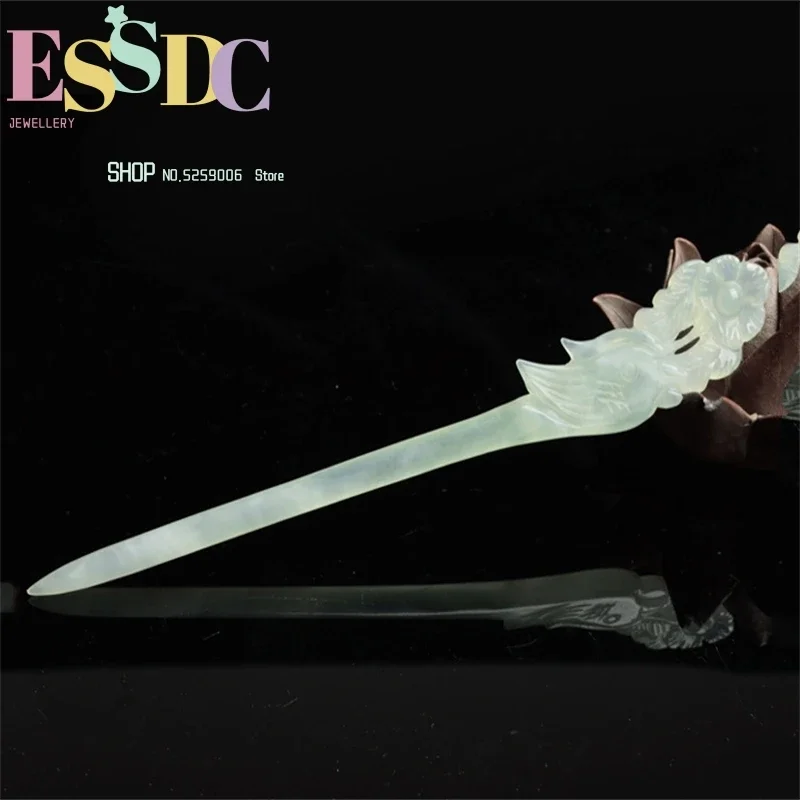 

Natural Xiuyu Jade Hairpin Finely Carved Magpie Hollow Out Classic Headdress Costume Drama
