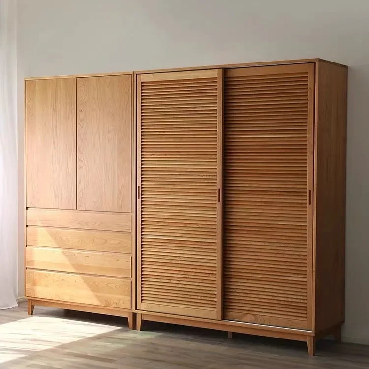 

Nordic solid wood cherry wood wardrobe simple modern sliding door Japanese bedroom wardrobe, home