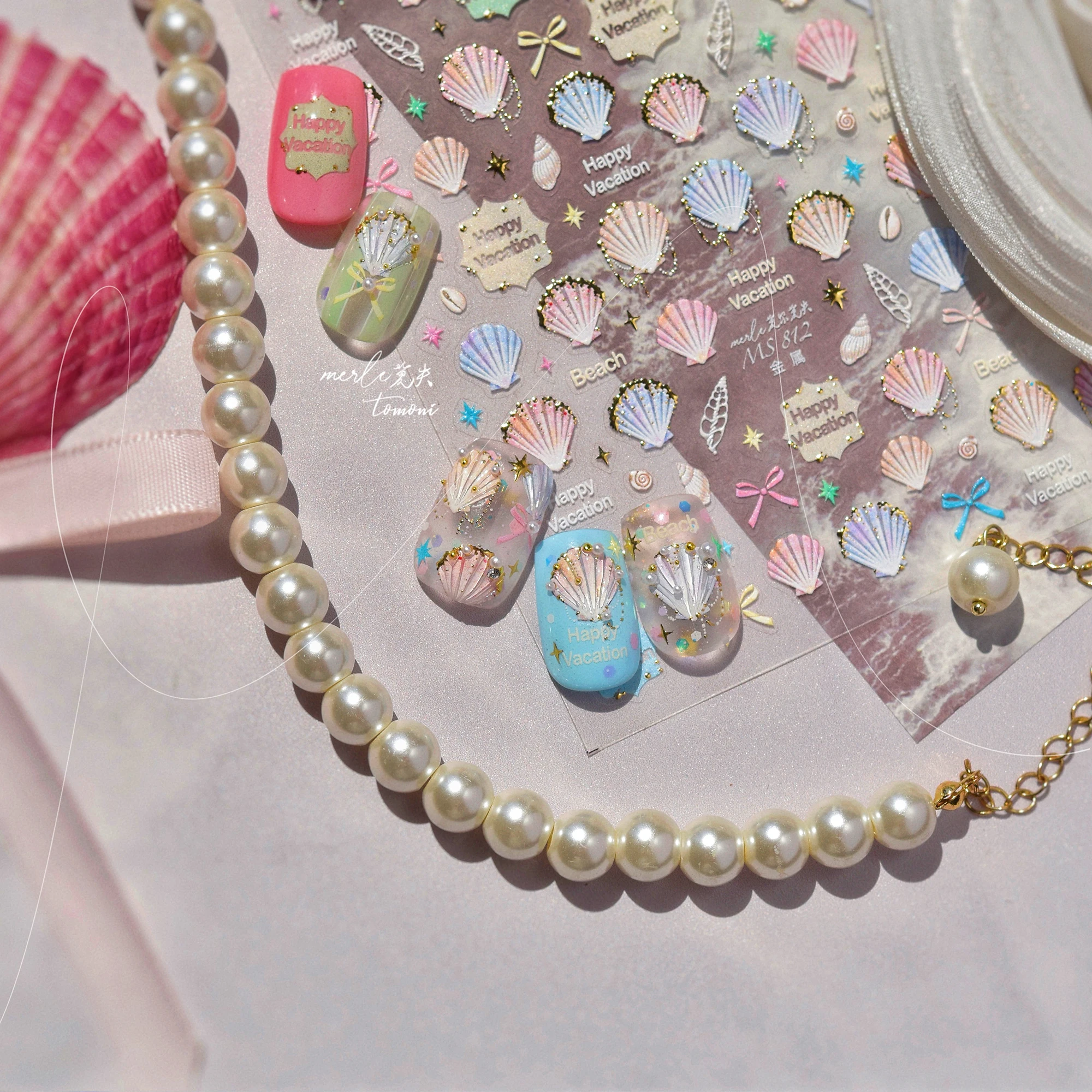 Autocollants 5D pour Nail Art, 1 pièce, stickers d'été, bleu océan, coquille, perle, pour manucure, DlY, N64.