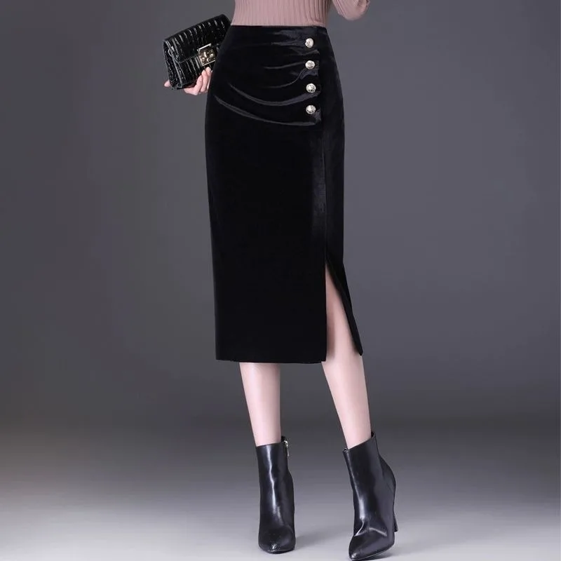 

Gold Velvet Skirt Women's Autumn Winter New Temperament High Waist Slim Straight Breasted Slit Hip Skirt