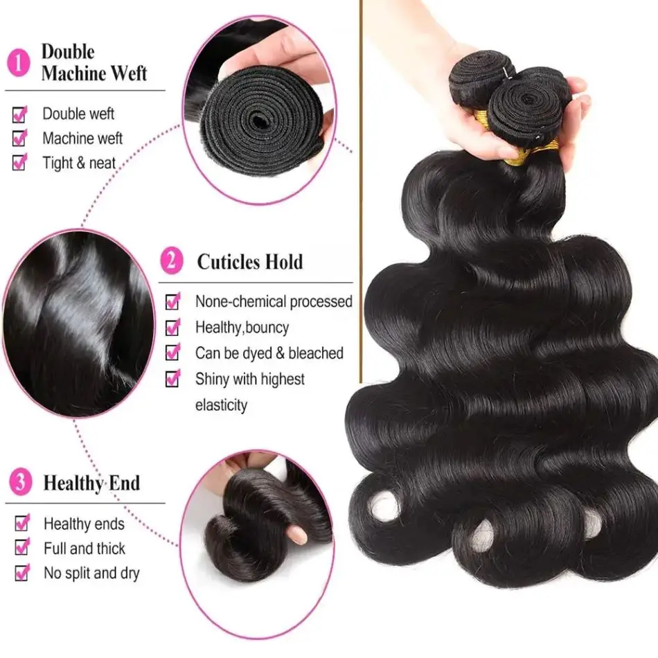 Unprocessed Body Wave Hair Extension para Mulheres, Pacotes de Cabelo Humano, Natural Black, Remy Hair Weave, 12A, 1 Pc, 3 Pcs, 4 Pcs