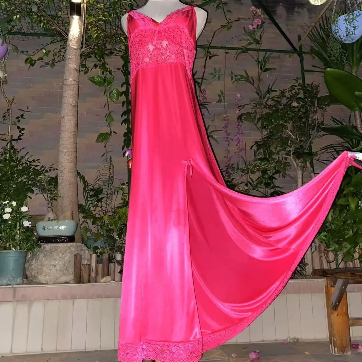 Glossy V Neck Lace Women Satin Loose Maxi Dress Sleeveless Plus Size Sexy Sleeping Robe