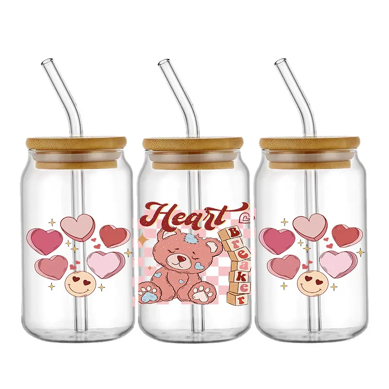 Mininstants-Autocollant de transfert pour bouteille en verre étiez bey Can, enveloppes de tasse, auto-adhésif, lavable, bricolage personnalisé, ours rose, 16oz, UV, DTF