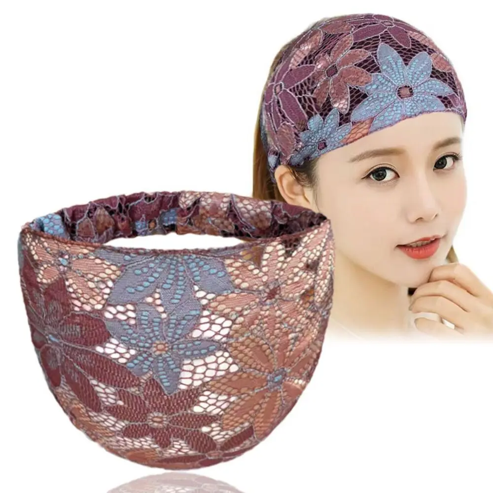 Temperament Non Slip Mesh Flower Headband Hollow Hair Hoop Lace Hairbands Headdress Elastic Wide Side Head Wrap Mother