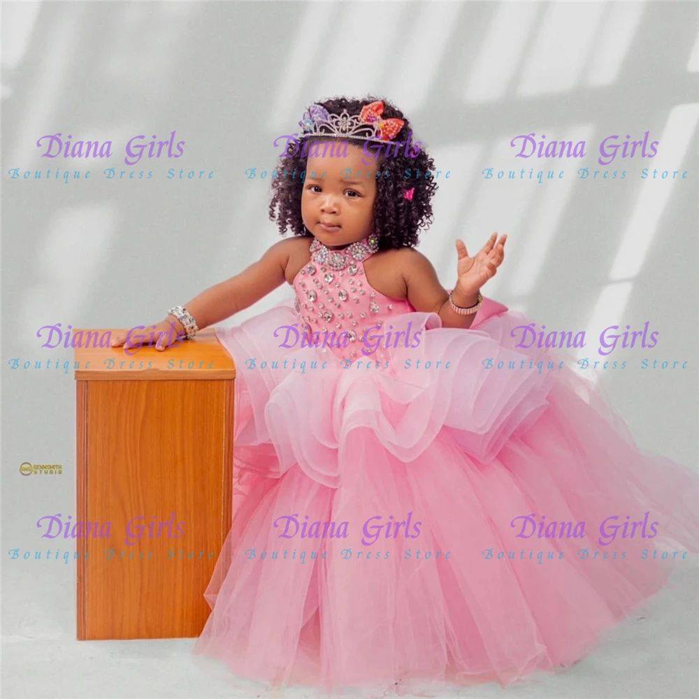 Cute Pink Flower Girls Dress for Wedding Tulle Fluffy Peal Party Little Baby Girls Birthday Evening Gowns Customized Color
