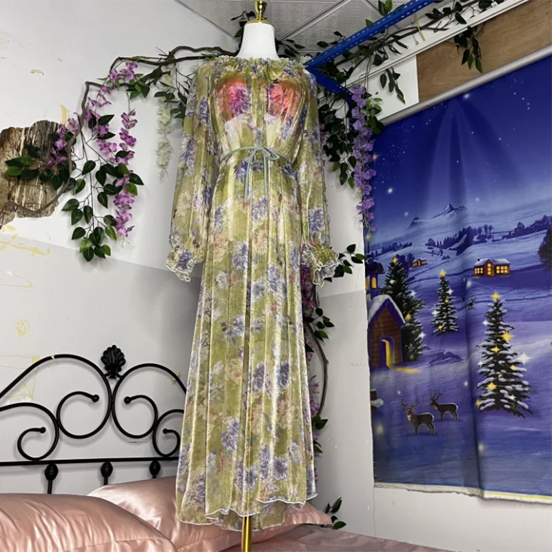  Plus Size Robe Men Women Sexy Glossy Silk See Through Long Dress Printed Ruffled Collar Long Sleeve Soft Silky touch Maxi Dress