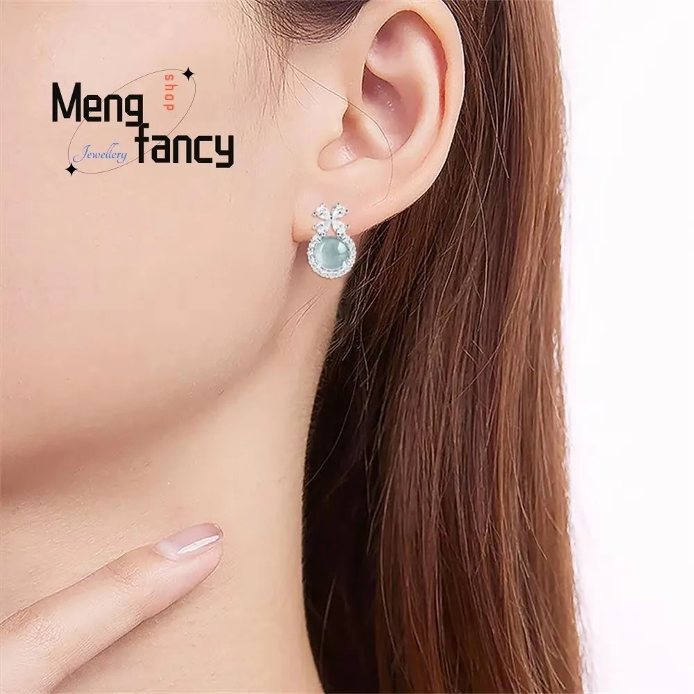 

Natural A-goods Jadeite Blue Water Egg Face S925 Silver Inlaid Fashion High-grade Female Models Ice Jade Earrings Luxury Jewelry