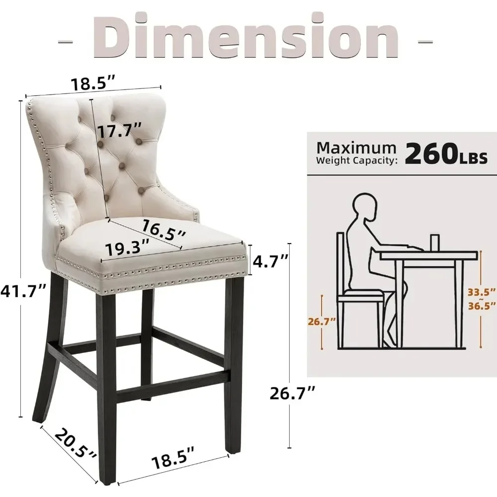 Bar Stools Set of 2, 26 Counter Height Stools with Button Tufted Back, Rivet Trim Bar Chairs for Kitchen Island, Bar Stools