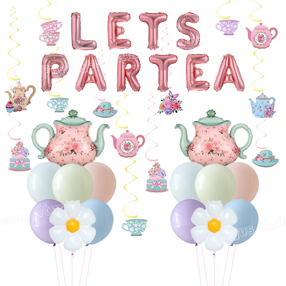 

17/26pcs Tea Party Decorations Teapot Foil Ballon LETS PARTEA Banner Hanging Swirls Floral Spring Birthday Garden Party Supplies
