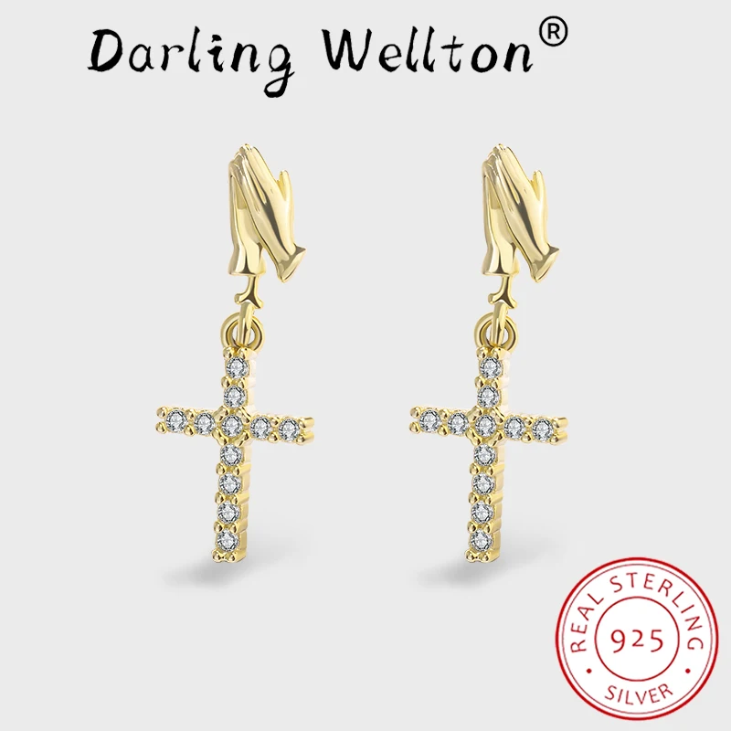 

Creative 18K Gold Applause Cross Full Diamond Earrings For Women Girl Original Sterling 925 Silver Clap Anniversary Gift Jewelry