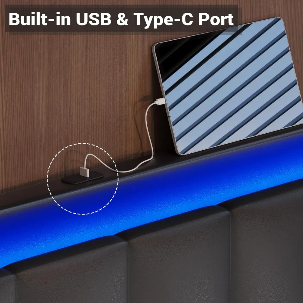 Cadre de lit Queen Size avec station de charge, lit plateforme, lumière LED, 4 égouts de proximité de stockage