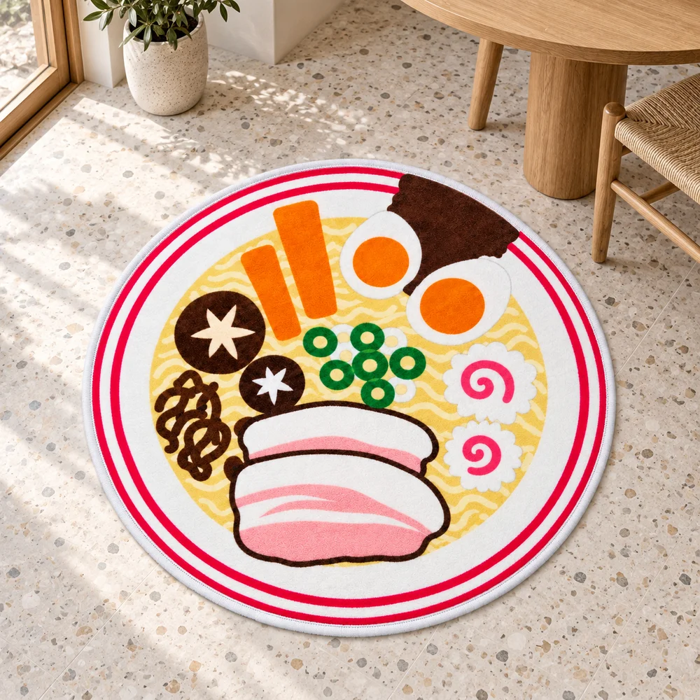Ramen Bowl Shaped Rug, Delicious Food Art Irregular Area Flannel Floor Mat for Bedroom Living Room Entryway Home Decor Gift