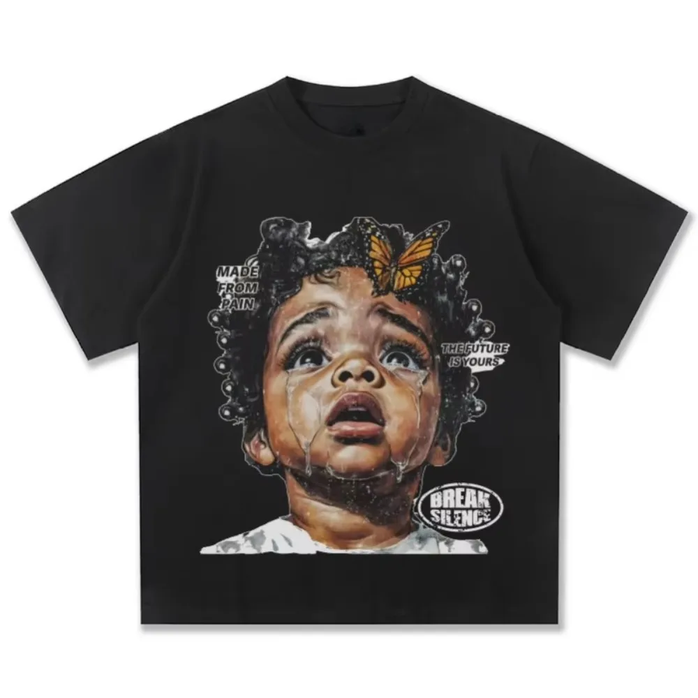 

2025 American Fashion Summer Oil Painting Portrait Print Retro Heavy T-shirt Loose Casual Cotton Round Neck Short-sleeved Top