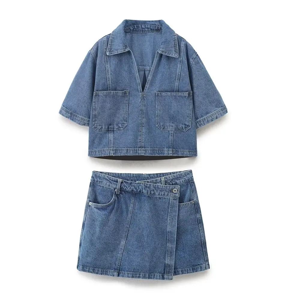 2024 Autumn New Women\'s Clothing European And American Style Fashionable Versatile Casual Short Denim Shirt Half Skirt Set