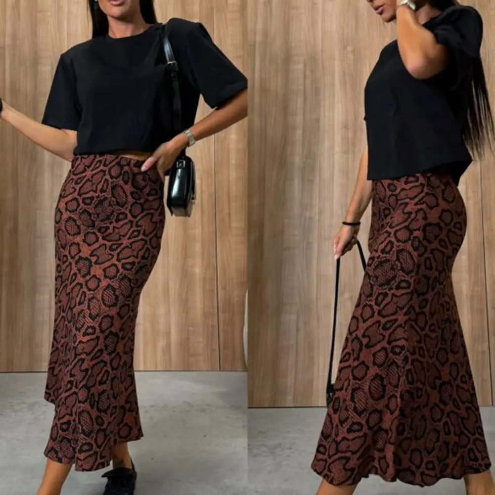 High-waisted Skirt Leopard Print High Waist Midi Skirt with Zipper Detail Women's Commuting Style Mid-calf Length for Everyday