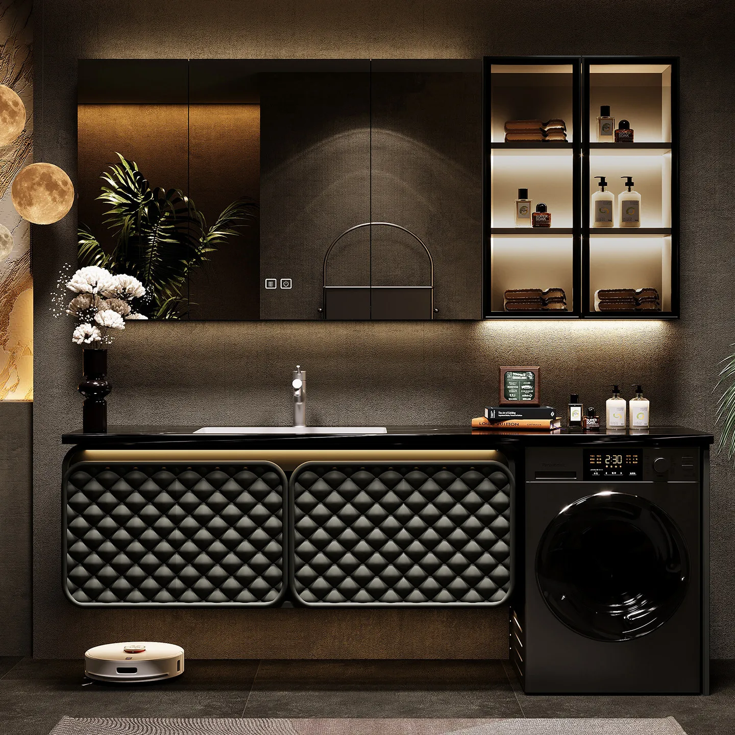 

Встроенный шкаф для стиральной машины из дуба, комбинированный шкаф для ванной комнаты, тумба под раковину из каменной плиты для ванной.