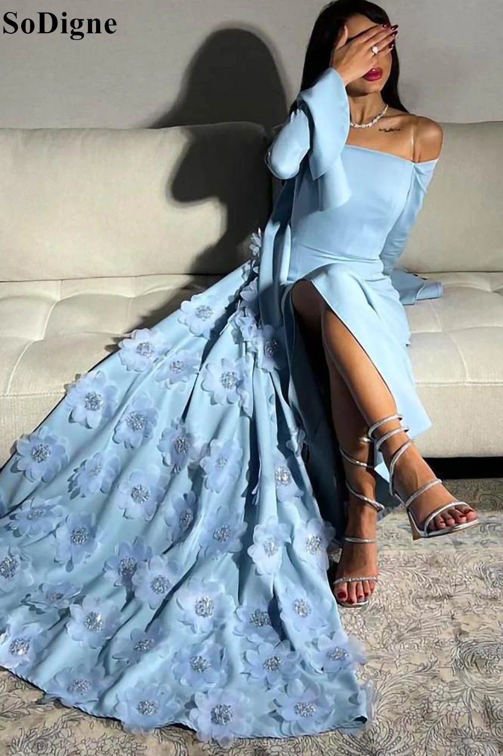 SoDigne Elegant Sky Blue Evening Dress Strapless Mermaid Side Slit Floral Appliques Modern Party Dress 2024 Prom Gowns for Women