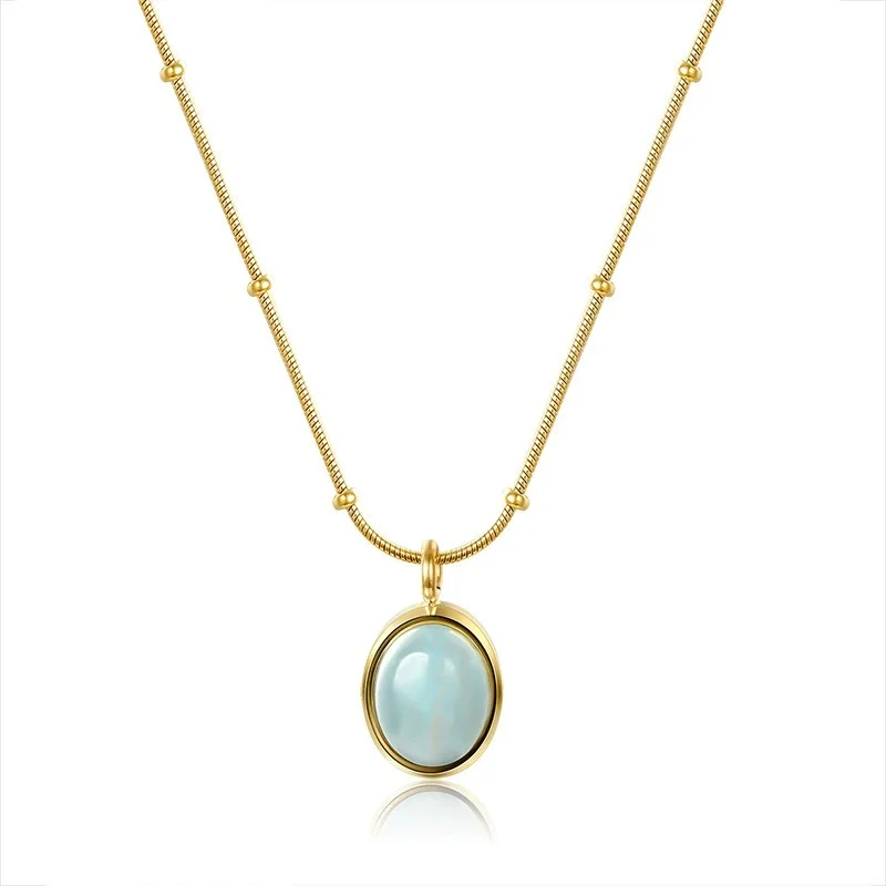 

Gold Plated Bead Chain Imitation Opal Pendant Necklace Women's Light Luxury Oval Exquisite Temperament Birthday Jewelry Gift