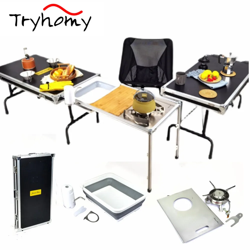 

Tryhomy Outdoor Mobile Kitchen Camping Portable Folding Table With Wheels Multi-Person Cooking Barbecue Picnic Dinner Table New