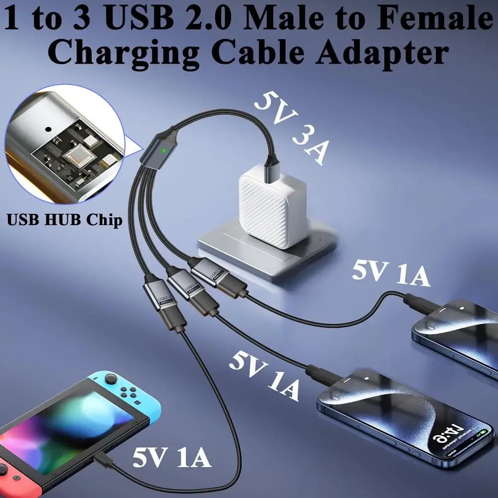 3 في 1 OTG كابل الفاصل USB نوع C إلى 3 منافذ USB أنثى شحن سريع نقل البيانات محور USB2.0 تمديد محول كابل