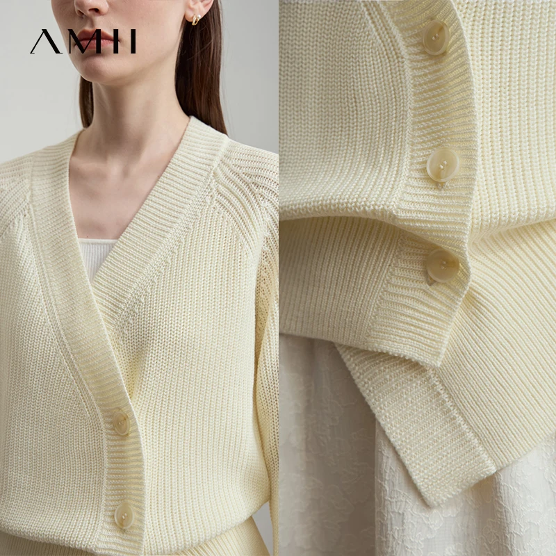 AMII Minimalistyczny Elegancki Damski Kardigan Jesień 2025 Francuski Dekolt w Serek Raglan Asymetryczne Luźne Codzienne Kardigany Dzianinowe 12523010