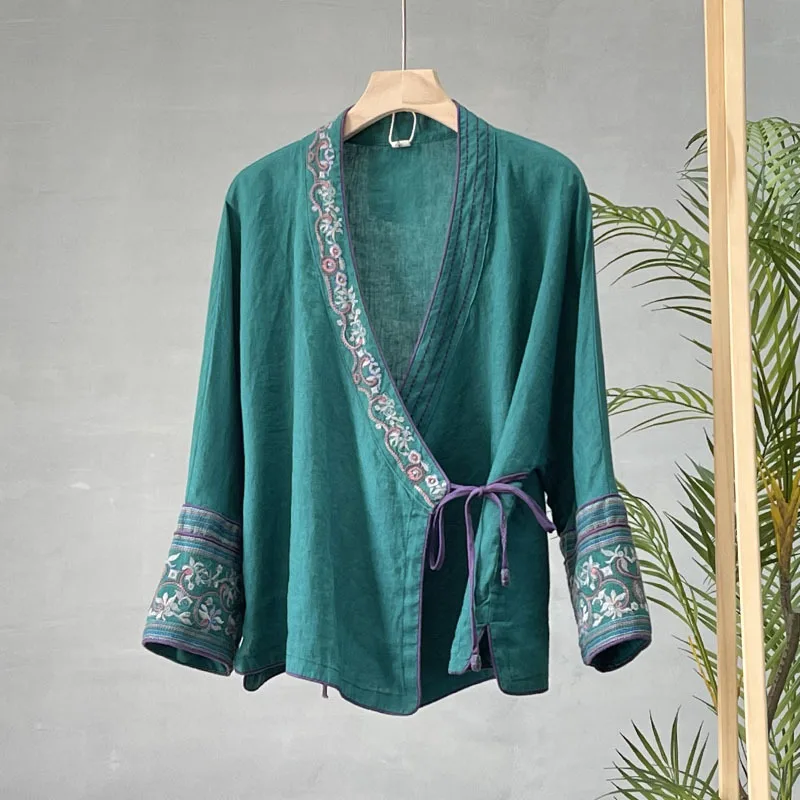 2023 Autumn New Chinese Style Women Blouse Cotton and Linen Embroidery Women Comfortable Shirt Cross Neck Oriental Hanfu Tops