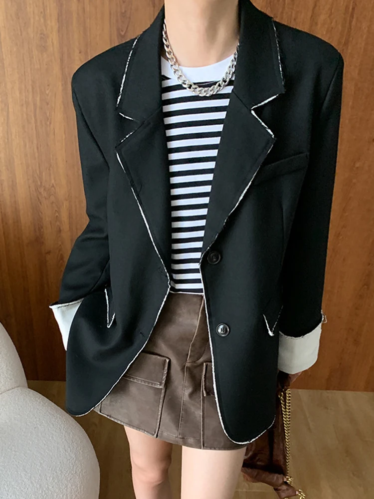 [EAM] Women Black Color-block Burr Big Size Elegant Blazer New Lapel Long Sleeve Jacket Fashion Tide Spring Autumn 2024 1DH6535