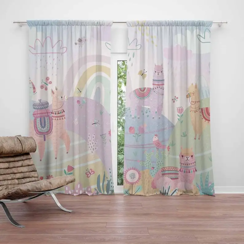 Llama Curtains Rainbow Animal Kids Bedroom Curtains Black Out Nursery Decor Baby Room Curtains Bedroom Living Room Curtains
